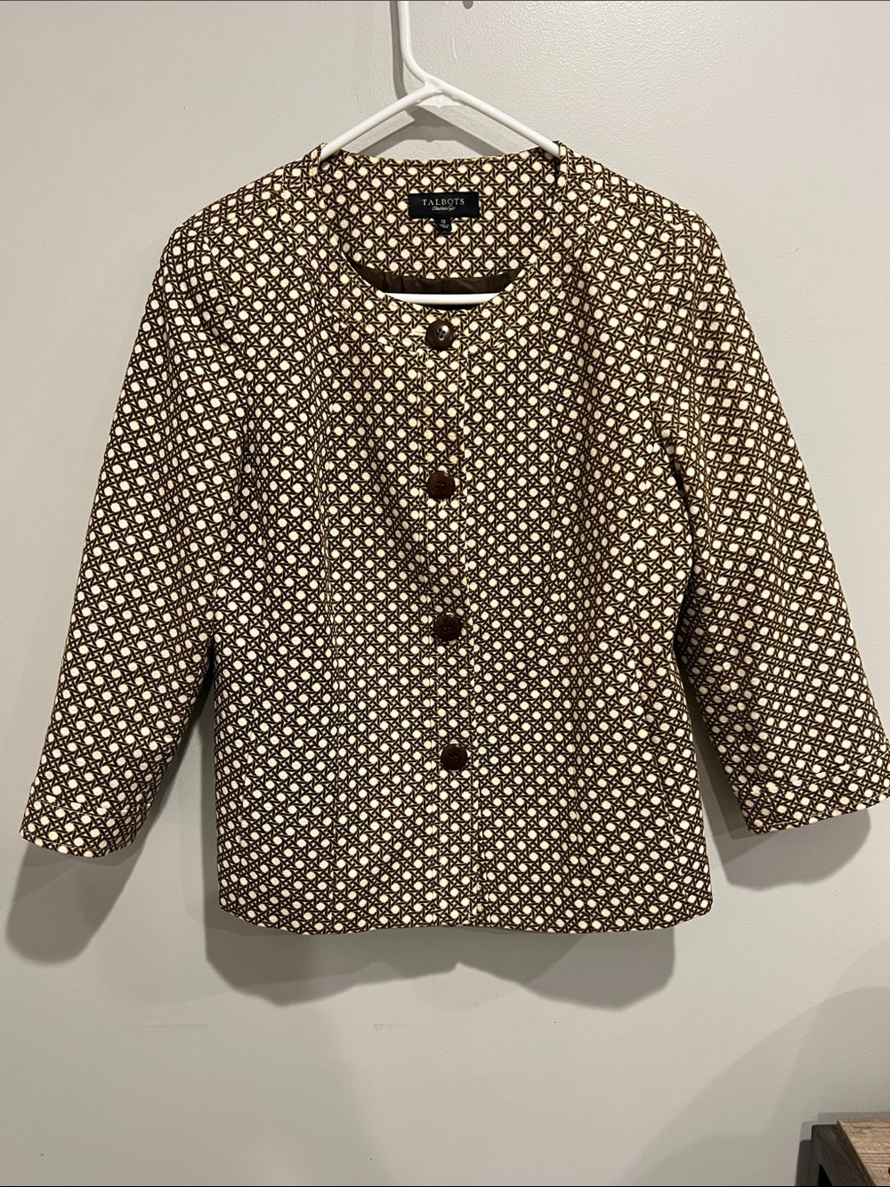 Talbots Cream and Brown Geometric Collarless Blazer womens 12